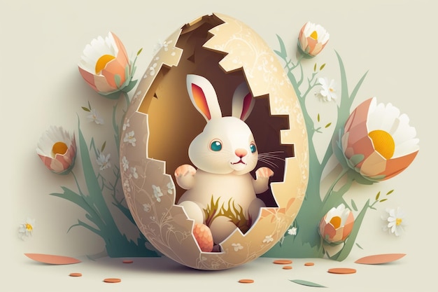 Happy easter concept Cute easter bunny rabbit inside a cracked egg and flower flat design