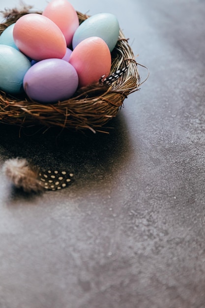 Happy easter concept preparation for holiday colorful pastel decorated easter eggs in nest on grunge