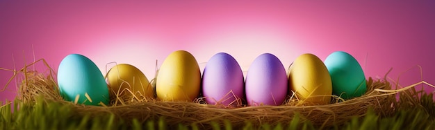 Happy Easter concept Preparing for the holidays Colorful Easter eggs Background with easter eggs banner on pastel