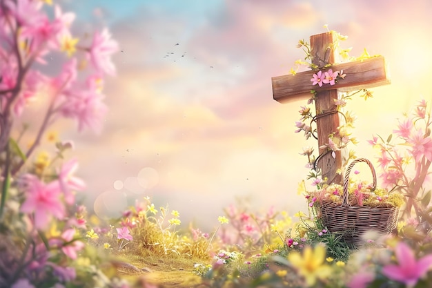 예수 그리스도의 십자가와 봄의 꽃을 가진 행복한 부활절 개념 부활절 배경
