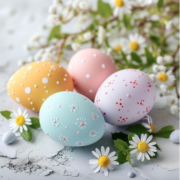 Happy Easter Congratulatory easter background Easter eggs and flowers