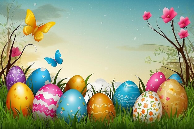 Happy Easter Congratulatory easter background Easter eggs and flowers