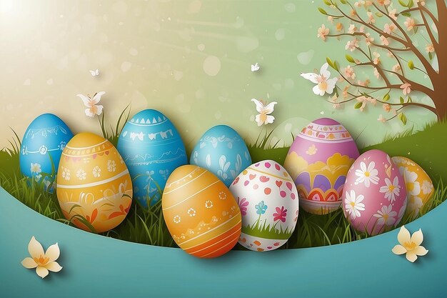 Happy Easter Congratulatory easter background Easter eggs and flowers