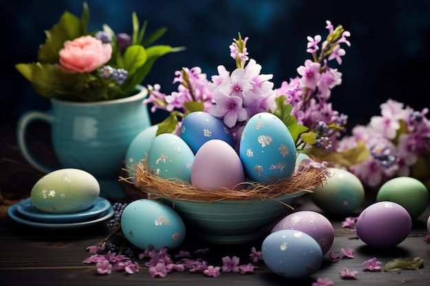 Happy easter congratulatory easter background easter eggs and flowers