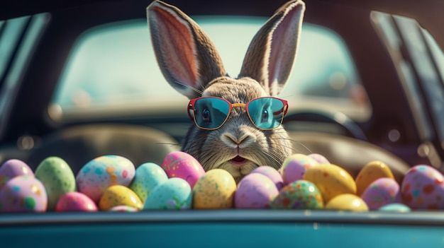Foto buona pasqua coniglietto carino in occhiali da sole con colorate uova di pasqua generative ai