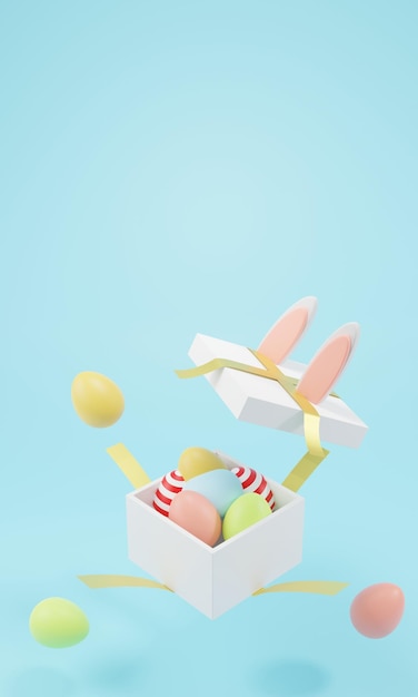 Happy Easter cute cartoon Easter composition gift open box  Bunny ears and painted eggs on a delicate background 3D illustration