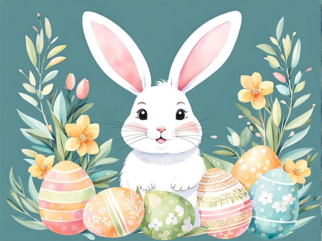 Happy easter cute Easter bunny with floral wreath Easter eggs flowers leaves for greeting ba