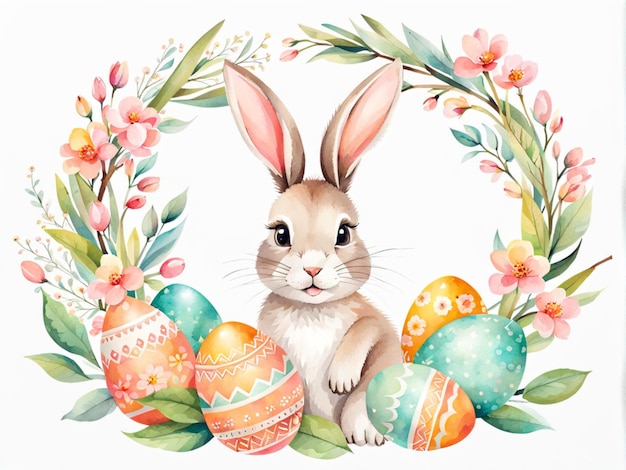 Happy easter cute Easter bunny with floral wreath Easter eggs flowers leaves for greeting ba