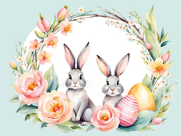 Happy easter cute Easter bunny with floral wreath Easter eggs flowers leaves for greeting ba