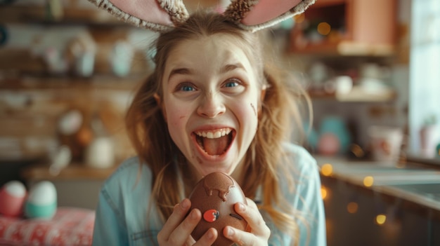 Photo happy easter cute girl with bunny ears open breaking chocolate egg with surprise lifestyle light