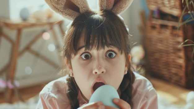 Photo happy easter cute girl with bunny ears open breaking chocolate egg with surprise lifestyle light