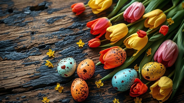 happy easter day a background of colorful eggs and rabbits in the meadow