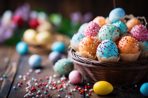 happy easter day a background of colorful eggs and rabbits in the meadow