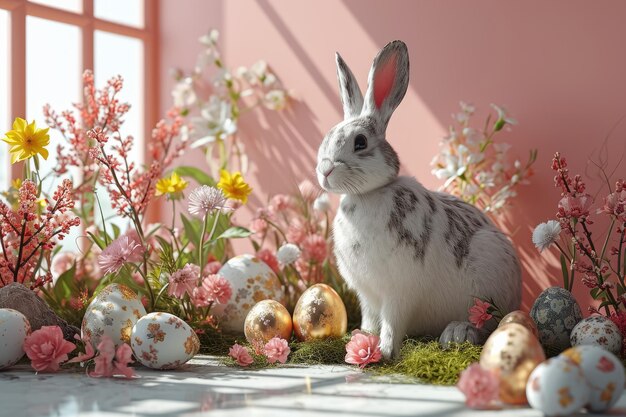 Happy Easter day Bunny with easter egg elements and flower in nature