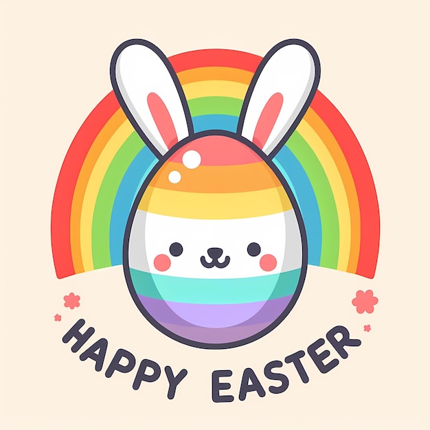 Happy easter day A cartoon easter egg rabbit with a rainbow in the background