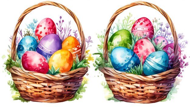 Happy Easter day colorful eggs in basket with flowers and Cute puppies Pomeranian Mixed breed Peking