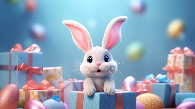 Фото Счастливый праздник пасхи с красочными реалистичными яйцами и милым кроликом