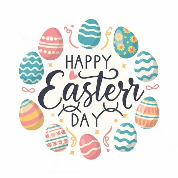 Happy easter day text Blue yellow white eggs and yellow chicks rabbit on a blue wooden background