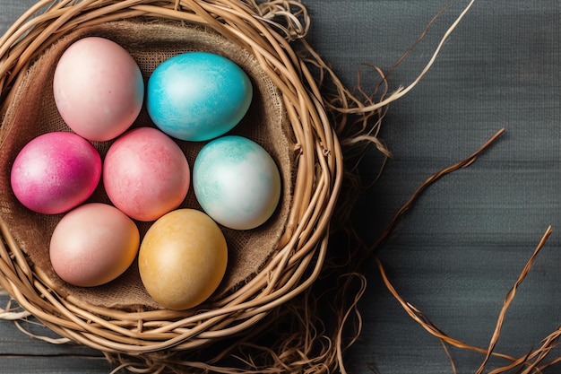 Счастливый пасхальный день с крашеными яйцами в корзине или гнезде на деревянном фоне или копировании пространства