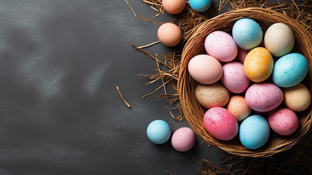 ハッピーイースターデー - 絵のれた卵をバスケットに木製の背景やコピースペースの上に置く