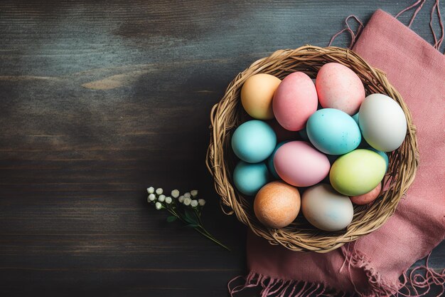 Happy easter day with painted eggs colorful in the basket or nest on wooden background or copy space