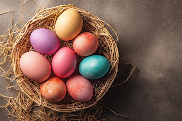 Happy easter day with painted eggs colorful in the basket or nest on wooden background or copy space