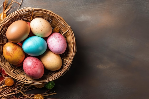 Happy easter day with painted eggs colorful in the basket or nest on wooden background or copy space