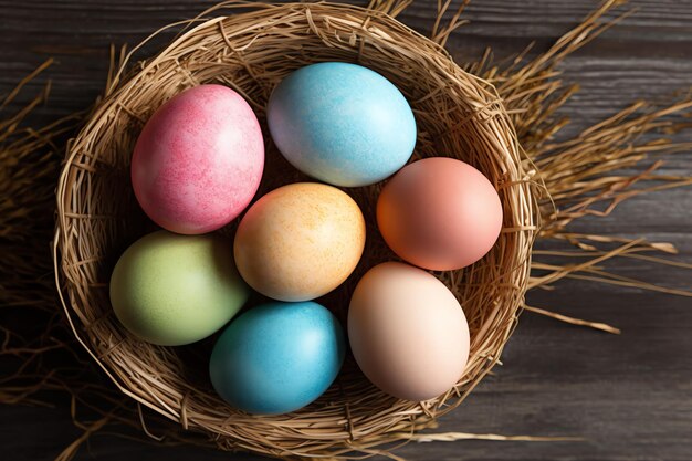 Happy easter day with painted eggs colorful in the basket or nest on wooden background or copy space