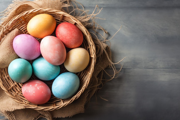 Счастливый пасхальный день с крашеными яйцами в корзине или гнезде на деревянном фоне или копировании пространства