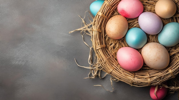 Happy easter day with painted eggs colorful in the basket or nest on wooden background or copy space