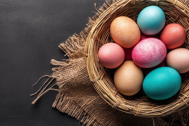 Happy easter day with painted eggs colorful in the basket or nest on wooden background or copy space