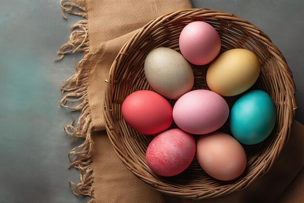 Happy easter day with painted eggs colorful in the basket or nest on wooden background or copy space