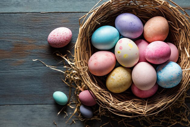 Happy easter day with painted eggs colorful in the basket or nest on wooden background or copy space