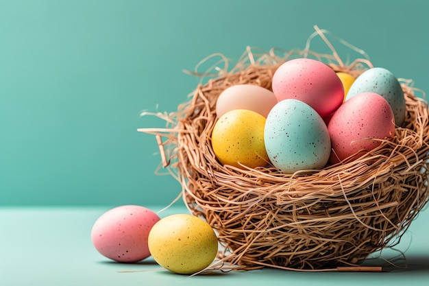 Happy easter day with painted eggs colorful in the basket or nest on wooden background or copy space