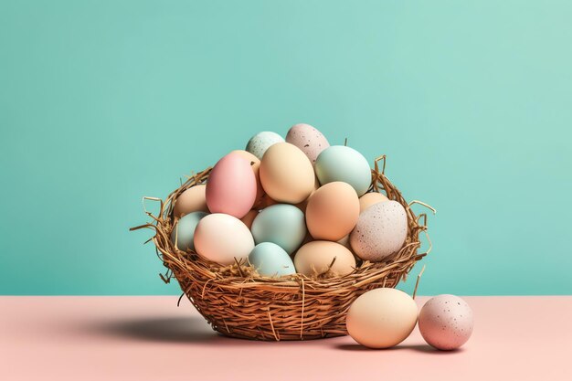 Happy easter day with painted eggs colorful in the basket or nest on wooden background or copy space