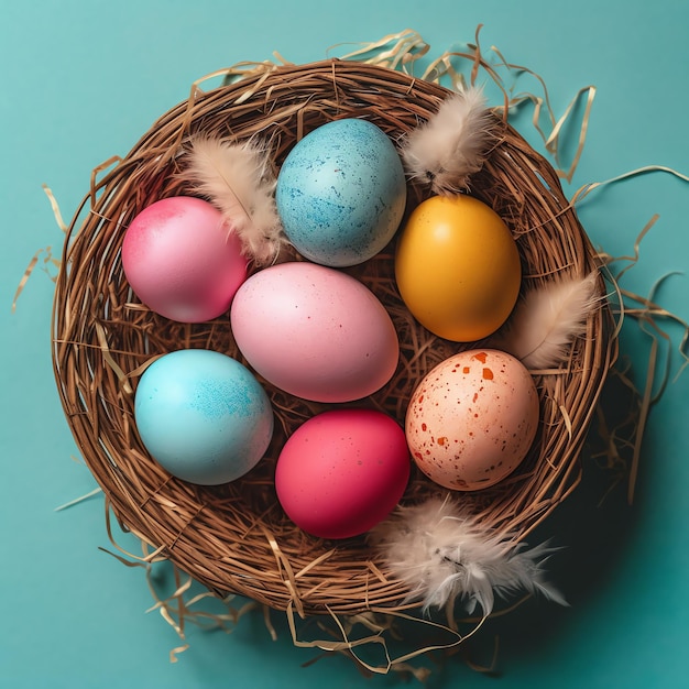 Happy easter day with painted eggs colorful in the basket or nest on wooden background or copy space