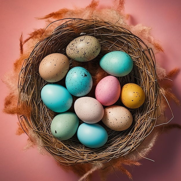 Happy easter day with painted eggs colorful in the basket or nest on wooden background or copy space