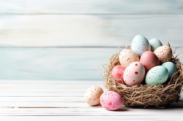 Happy easter day with painted eggs colorful in the basket or nest on wooden background or copy space