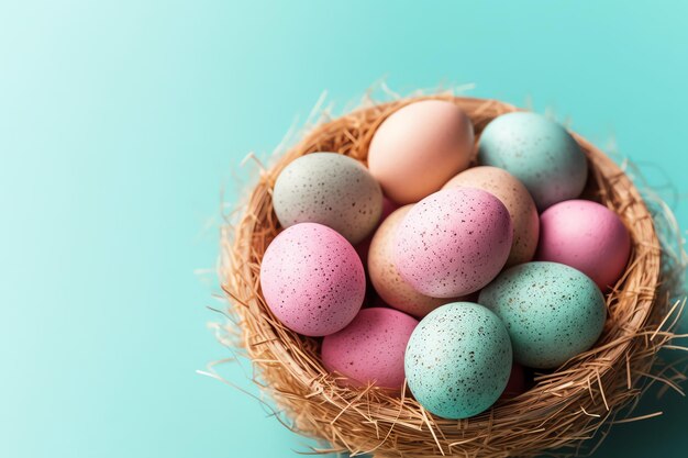 Happy easter day with painted eggs colorful in the basket or nest on wooden background or copy space