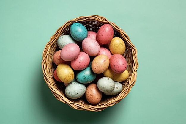 Happy easter day with painted eggs colorful in the basket or nest on wooden background or copy space