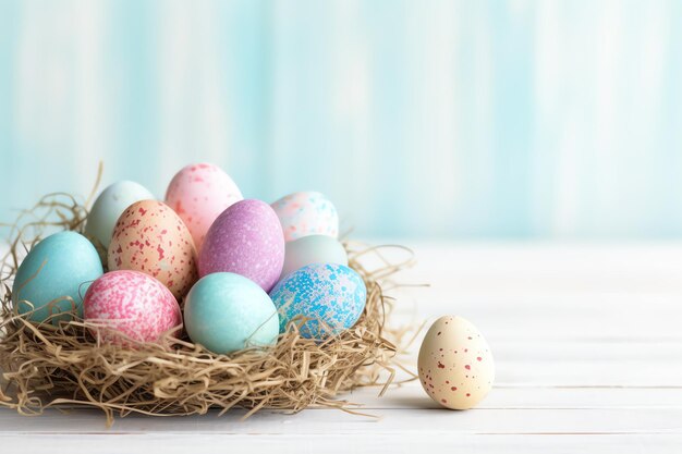 Foto buon giorno di pasqua con uova dipinte colorate nel cesto o nido su sfondo di legno o spazio di copia