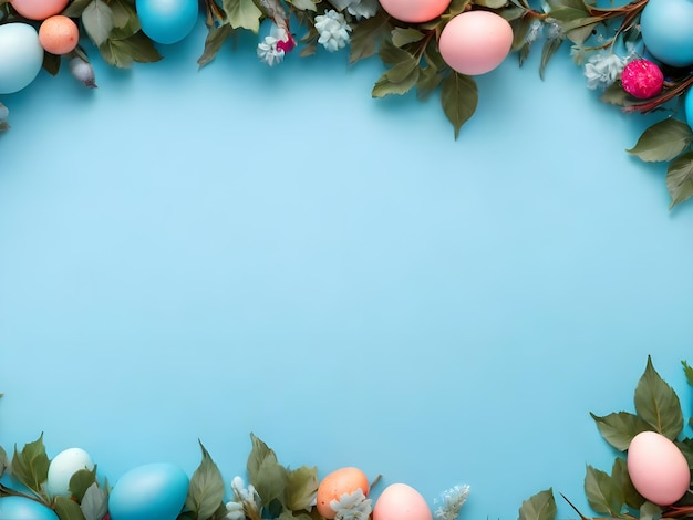 Счастливая Пасха Окрашенные пасхальные яйца на деревенском столе с ветвью вишневого дерева на синем фоне
