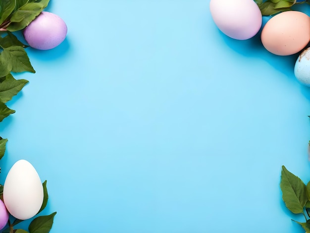 Happy Easter Dyed Easter eggs on rustic table with cherry blossom tree branch on blue background