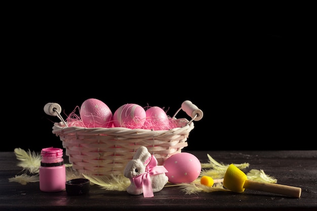 Happy easter! Easter eggs on wooden background