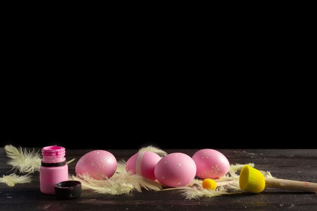 Happy easter! Easter eggs on wooden background