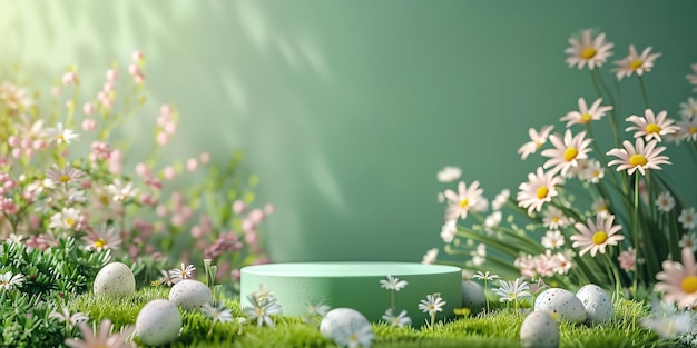 イースター・エッグ・デー (Happy Easter Egg Day) はイースター・ポディウムとスペースのための3D製品エッグの背景で淡い緑の背景で祝います