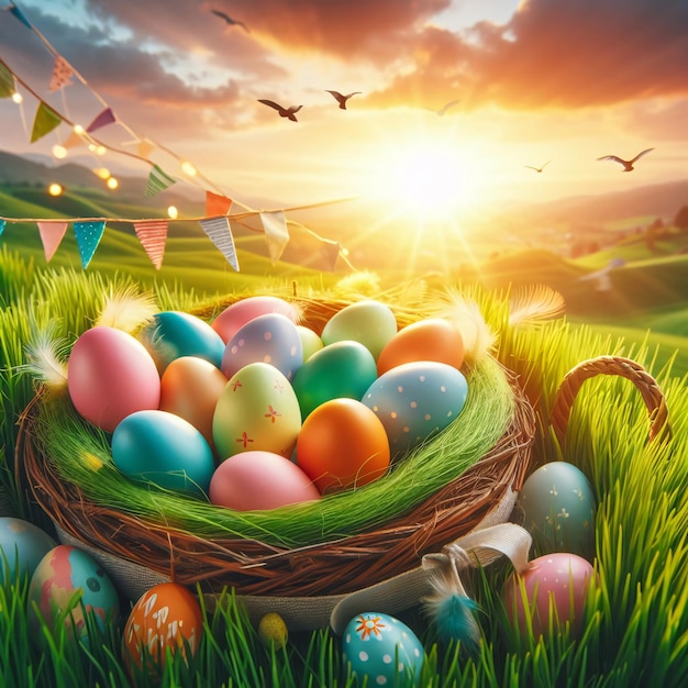 Happy easter egg day with beautiful nest and Generative AI