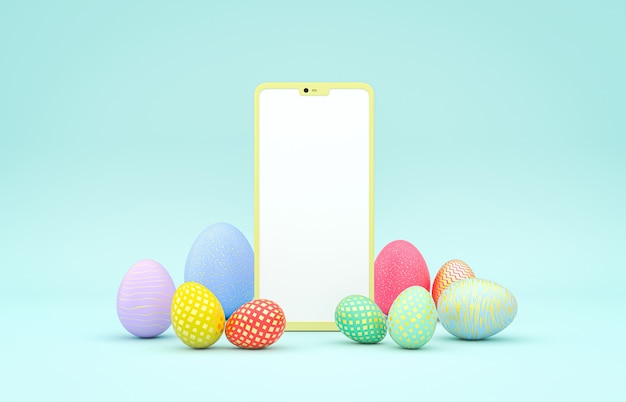 Fondo felice delle uova di pasqua con il modello del telefono cellulare per la rappresentazione in linea dell'insegna 3d di promozione