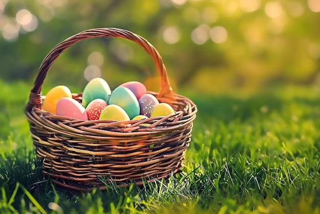 Happy Easter eggs in basket on grass