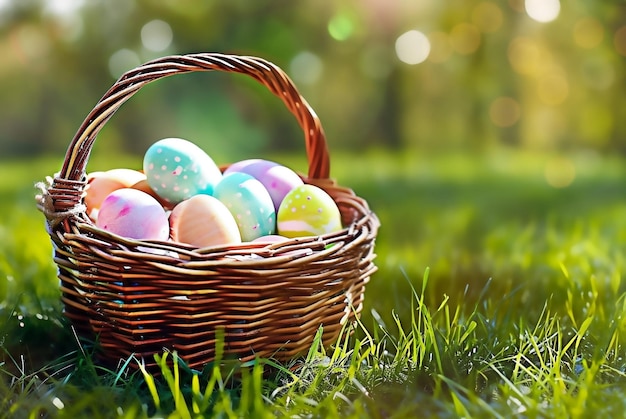 Photo happy easter eggs in basket on grass